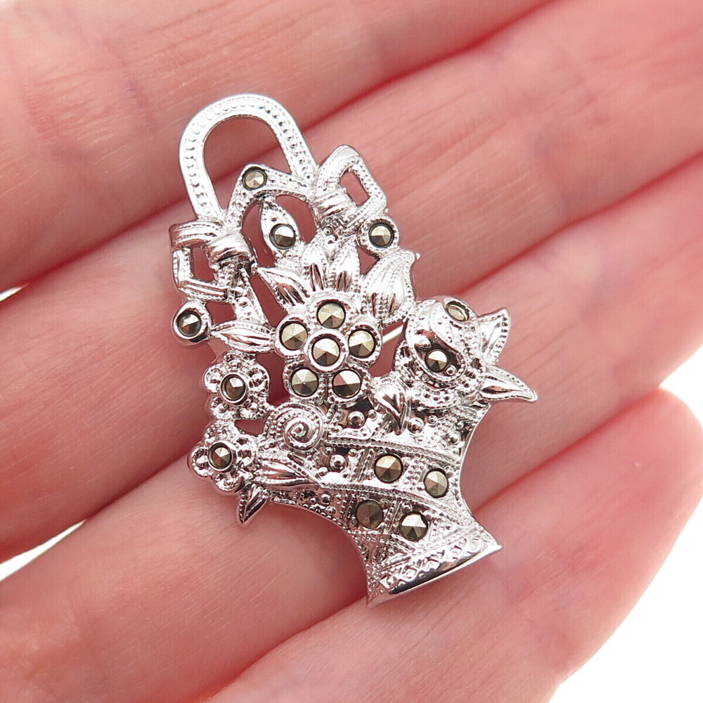 Uncas 925 Sterling Silver Antique Art Deco Real Marcasite Flower Pin Brooch
